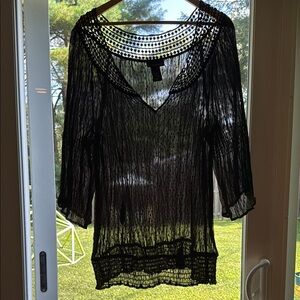 Lane Bryant | Black Textured Semi-Sheer Blouse w/ Tassels